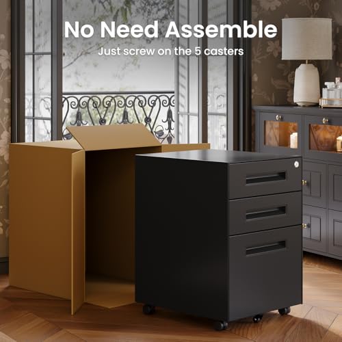 Dripex 3 Drawer Metal Rolling File Cabinet Under Desk Filing Cabinet Black | 15"W x 18"D x 24"H, Lockable, 5 Wheels, Fully Assembled, Letter/Legal Size, Suitable for Home Office - color: Black