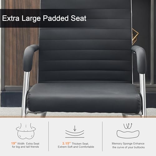 Okeysen Office Guest Chairs Set of 4, Modern Leather Reception Chairs with Mid Back & Sled Base, No-Wheel Desk Chairs for Waiting Room & Conference Room - color: Black Leather/Silver Frame, size: Set of 4