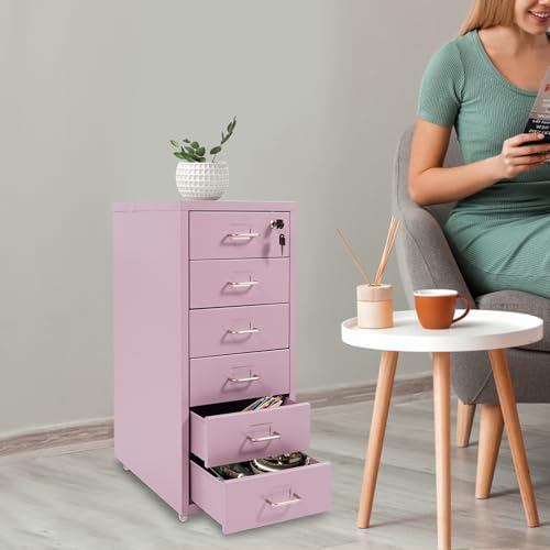 6 Drawers File Cabinet with Lock Rolling Mobile Filing Cabinet with Wheels Under Desk Vertical Filing Cabinet for Office/Home Metal (Purple) - color: Purple