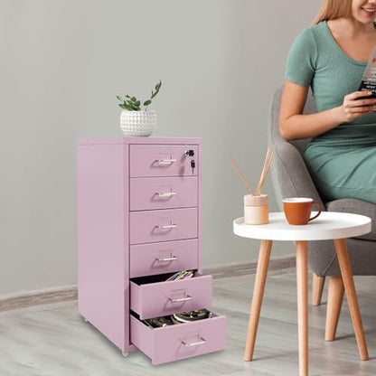6 Drawers File Cabinet with Lock Rolling Mobile Filing Cabinet with Wheels Under Desk Vertical Filing Cabinet for Office/Home Metal (Purple) - color: Purple
