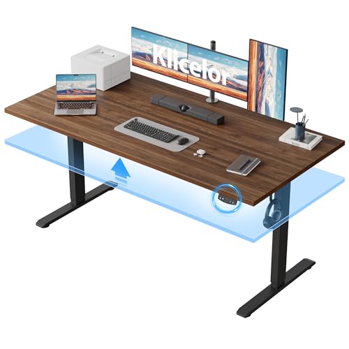 Klicelor 60 Inch Large Electric Standing Desk, Height Adjustable Office Desk, Sit Stand Up Computer Gaming Desk with Memory Preset, Two-Piece Desktop, Dark Walnut - color: Dark Walnut, size: 60 x 24 Inch