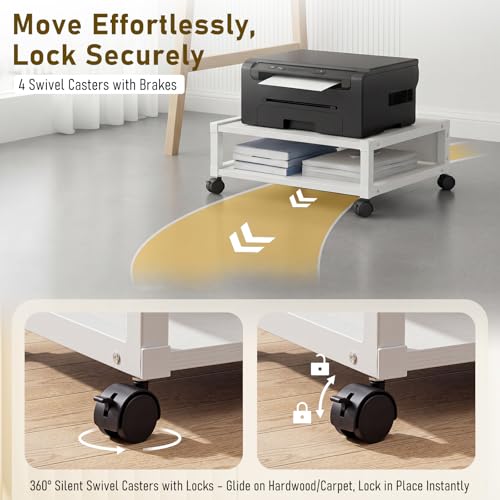 Zonon 2 Tier Printer Stand Under Desk with Wheels, Open Shelf, White - color: White