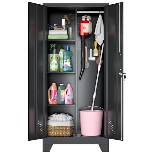 Metal Storage Cabinet, Garage Storage with Lock, Utility Cabinet with Pegboard and Hanging Rod, Metal Wardrobe for Garage, Home, Office, Laundry Room, School, Gym, Warehouses, Black