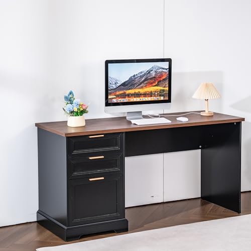 60" Professional Office Desk with Charging Station,Business Desk with 2 Drawers &1 File Cabinet,Farmhouse Executive Desk for Office and Home (Walnut & Black) - color: Walnut & Black