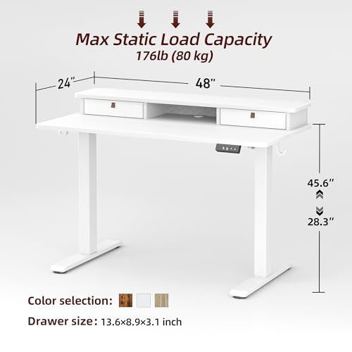 TIQLAB Standing Desk with Two Drawers, Stand Up Standing Desk Adjustable Height, Electric Sit Stand Table with Storage Shelf and Splice Board, 48 * 24 inch, White - color: White, size: 47*24 inch without keyboard tray
