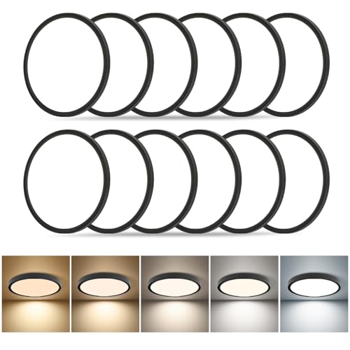 12Pack 8.6 Inch LED Flush Mount Ceiling Light, ETL,18W, 1822LM, 3000K/3500K/4000K/5000K/6500K CCT Selectable, 0.66in Ultra Thin Round Flat Panel Ceiling Light Fixture for Bedroom, Kitchen(Black) - color: Black, size: 8.6"-12pack