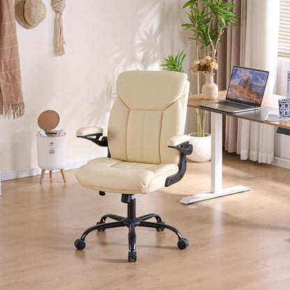 Ergonomic Home Office Chair PU Leather Comfy Computer Chair, Beige | Flip-up Armrest, Height Adjustable, Lumbar Support, 360° Swivel Wheels Managerial Executive Chairs for Work Gaming Home Use - color: Beige