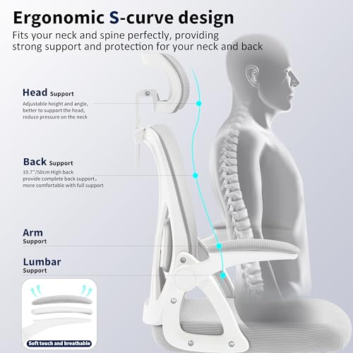 400 Lbs Mesh Ergonomic Office Chair, High Back with Lumbar & Headrest for Home Office - color: Grey