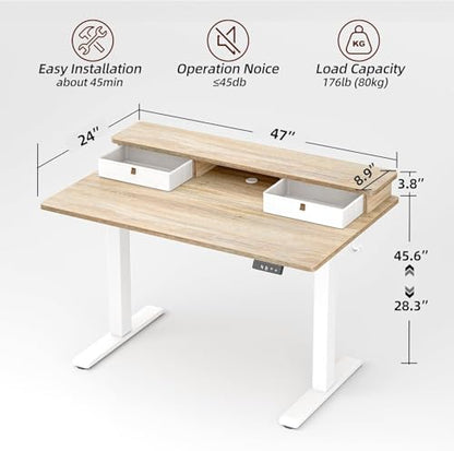 TIQLAB 48 * 24 inch Standing Desk with Two Drawers&Top Shelf, Maple | Smooth Height Adjustment, 2 Memory Presets, One-Touch Control, Stable Steel Frame, 176 lbs Capacity, Easy Assembly - color: Maple, size: 47*24 inch without keyboard tray