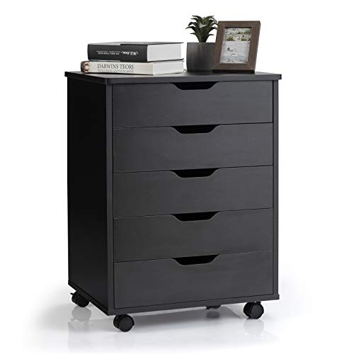 5 Drawers File Storage Cabinet, 26.5" Vertical Filling Cabinet for Home Office, Under Desk Office Drawer Organizer, Universal & Lockable Casters, Rolling Printer Storage Rack (Black) - color: Black, size: 19” x 16” x 26”