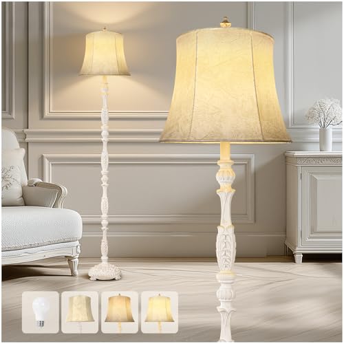 Scenekoy Rustic 66” Wash White Floor Lamp for Living Room Bedroom | Resin Carved Standing Lamp with Faux Leather Shade, Adjustable Bulb, Rotary Switch Rustic Lamp Decor for Home Room Office - color: Beige