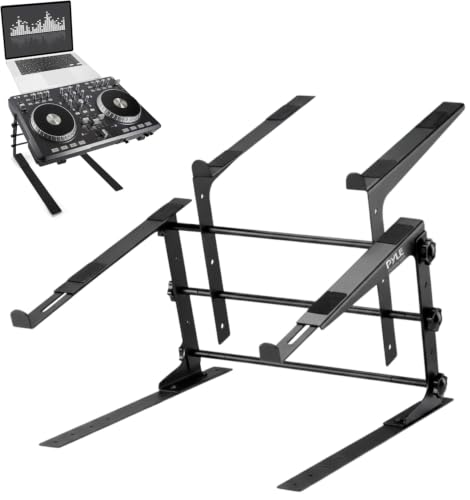 Pyle Portable Dual Laptop Stand - Standing Table with Adjustable Height, Ergonomic Design & Anti-Slip Prongs for DJ Mixer, Sound Equipment, Workstation, Gaming & Home Use - PLPTS38, Black