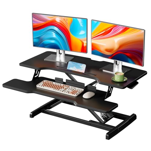 35" Standing Desk Converter, Quick Sit to Stand Desk Riser | Height Adjustable Stand up Desk with Keyboard Tray for Dual Monitor, Copmputer Workstation for Home Office, Black - color: Black, size: 35"