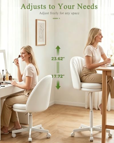 GTPOFFICE Vanity Chair with Back, Adjustable Tall Office Chair High Swivel Bar Stools Fluffy Cute Desk Chair Comfy with Wheels Armlees Counter Height for Adults Standing Desk Bar, Smooth Pu, White - color: Pu-white