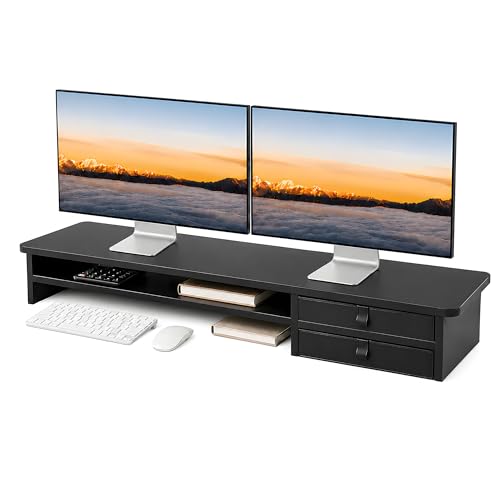 Dual Monitor Stand, 42.5 Inch Wood Monitor Riser with Drawers, 2 Tier Desktop Organizer for Computer Laptop TV, Large Screen Stand for Home Office Desk - color: Black
