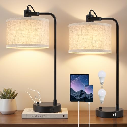 Black Table Lamp Set of 2, USB A+C, 180° Adjustable Bedside Lamps, Dimmable | Bare Bulb Compatible, Industrial Nightstand Lamp with Linen Lampshade, LED Bulbs Included, Desk Lamp for Bedroom, Living Room - color: Black-A