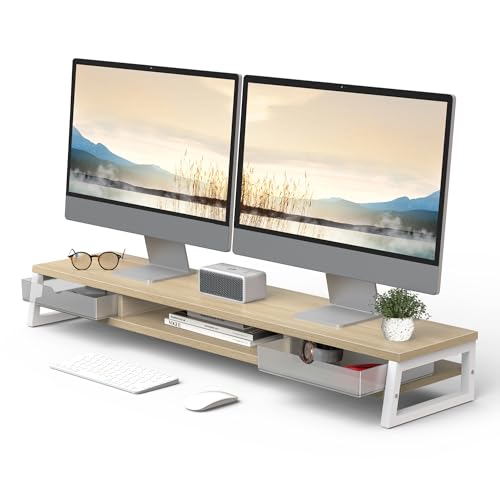 Fenge Dual Monitor Stand Riser, 42.5in Desk Shelf with 2 Drawers, Oak - color: Oak