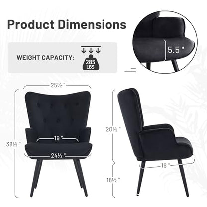 Furniliving Velvet Accent Chair Modern Upholstered Side Armchair with Tapered Legs Tufted Button Wingback Sofa Chairs Tall Back Reading for Living Room Bedroom Waiting Room, Black - color: Black, size: Set of 1