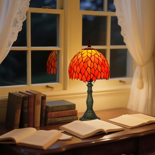 8 Inch Small Stained Glass Style Table Lamp with Remote Control, Orange - color: Orange Wisteria