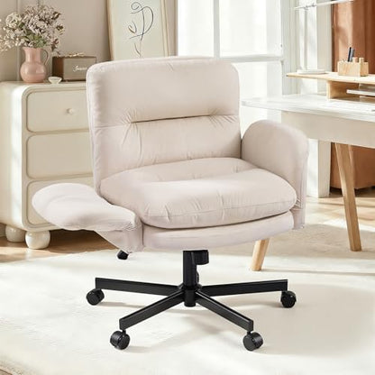 Bestier Criss Cross Office Chair with Flip-Up Arms, Beige Velvet Desk Chair | Swivel Makeup Vanity Chair with Wheels 2 Side Pockets, Cross Legged Office Chair for Home Office Bedroom Gaming - color: Beige Velvet, size: Low Back