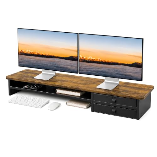 Dual Monitor Stand, 42.5 Inch Wood Monitor Riser with Drawers, 2 Tier Desktop Organizer for Computer Laptop TV, Large Screen Stand for Home Office Desk - color: Rustic Brown