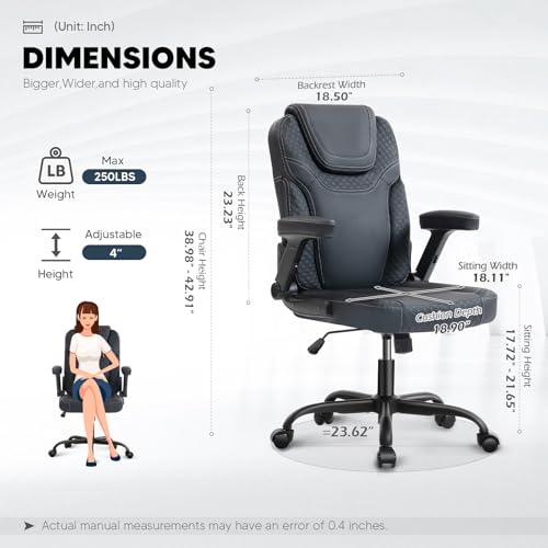 SEATZONE Black Office Chair Ergonomic Desk Chair with Lumbar Support, Flip-Up Arms, Adjustable Swivel Computer Chair with Wheels, PU Leather Executive Task Chair for Home Office Small Space - color: Black