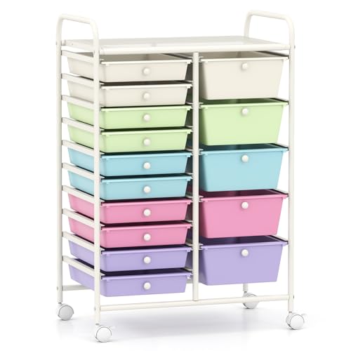 COSTWAY 15 Drawer Rolling Storage Cart, Mobile Utility Cart with Lockable Wheels, Drawers, Multipurpose Organizer Cart for Home, Office, School, Ice Cream Multicolor - color: Ice Cream Multicolor