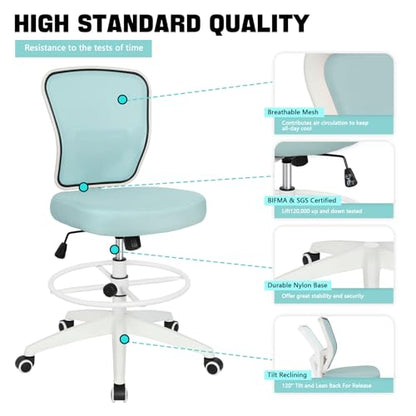 HYLONE Drafting Chair Adjustable Height Tall Office Chairs Standing Desk Chair Rolling Stool Chair Armless Office Drafting Chair Blue - color: Blue