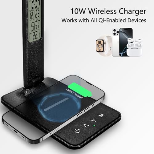 Desk Lamp with Wireless Charger, Table Lamp with USB Port, Eye-Caring Dimmable Touch Control, Clock Display, Adjustable Foldable Arm, 5 Brightness & 3 Color Modes, Home Office Study