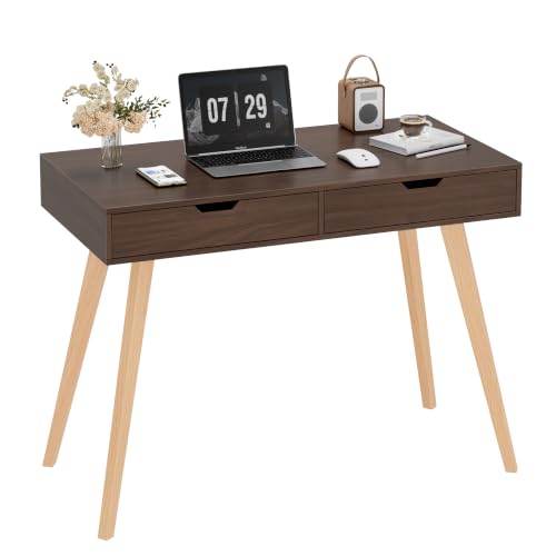 FOTOSOK Computer Desk with 2 Drawers, Small Desk Makeup Vanity Table | Wood Writing Desk with 4 Solid Oak Legs, Home Office Desk & Study Table, Mid Century Desk for Bedroom Small Spaces, Walnut - color: Walnut