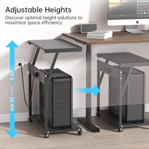 FANXIYQ Computer Tower Stand with Charging Station, Adjustable Height PC Tower Stand for Floor & Carpet, Rolling CPU Holder Cart with Top Shelf, Under Desk PC Cart, Black - color: Black