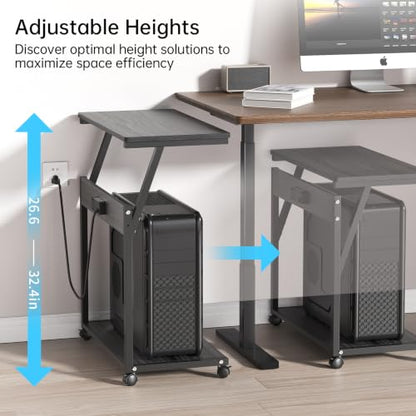 FANXIYQ Computer Tower Stand with Charging Station, Adjustable Height PC Tower Stand for Floor & Carpet, Rolling CPU Holder Cart with Top Shelf, Under Desk PC Cart, Black - color: Black
