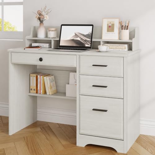 4 EVER WINNER Small Desk with Drawers for Small Spaces, 44'' Computer Desk with File Cabinet & Monitor Stand, Wood Writing Desk for Bedroom, Living Room, Off White - color: Off White