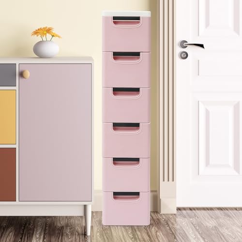 6 Drawers Narrow Storage Cabinet, Slim Rolling Cabinet with Wheels 77.16lbs Loading Capacity, Mobile Utility Cart with Drawers for Small Spaces Living Room Bedroom Office 15.7x7.9x39.4in (Light Pink) - color: Light Pink