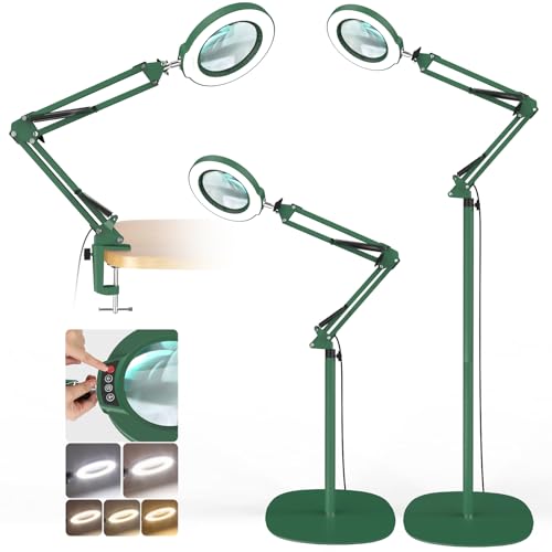 12X Real Glass Magnifying Glass with Light and Stand, LED 5 Color Modes, Stepless Dimmable Magnifying Floor Lamp, 3-in-1 Adjustable Swing Arm Lighted Magnifier Lamp with Clamp for Craft - Green - color: Green