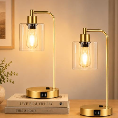 Industrial Touch Control Table Lamps Set of 2 - Gold Nightstand Bedside Lamps with 2 USB Ports & AC Outlet, 3-Way Dimmable Desk Lamp for Bedroom Living Room, Glass Shade & 2 LED Bulbs Included - color: Gold(2 Pack) - Clear Glass-Touch Control