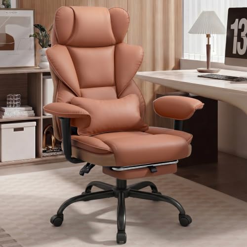 ALLGOD Office Desk Chair, Big and Tall Executive Chair with Lumbar Support, High Back Computer Gaming Chair, PU Leather with Pocket Spring Cushion, Adjustable Armrests and Footrest, Brown - color: Brown