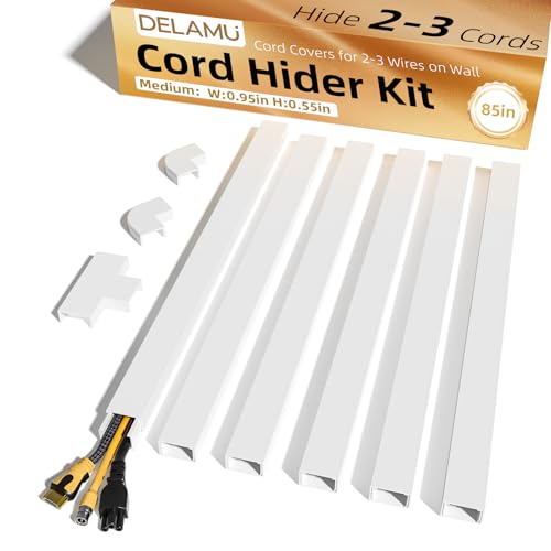 Delamu Cord Hider, 85in Cord Covers for 2-3 Wires on Wall, Self-Adhesive Cable Hider, Paintable Wire Hiders Wire Covers for TV Cords on Wall, Easy Mount Cable Cover Raceway Kit, W0.95 H0.55in, White - color: White, size: 85in L x 0.95in W x 0.55in H