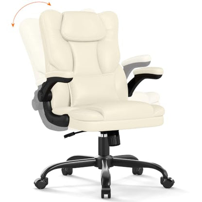 Executive Office Chair Flip Up Arms Lumbar Support Home Office Desk Chair - color: Cream