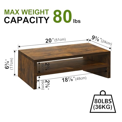 TEAMIX 20 inch Monitor Riser Stand - 2 Tiers, Wood Rustic Desktop Bookshelf - color: Espresso, size: 20 x 9.5 x 6.7 inches
