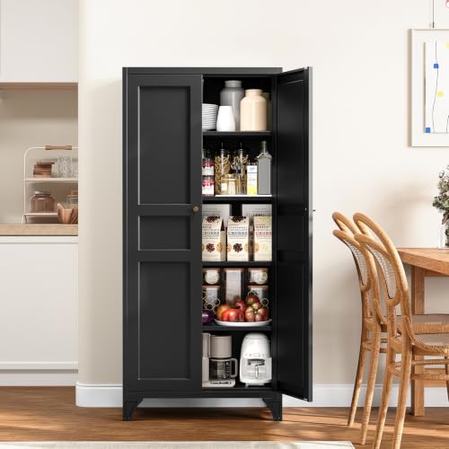 Metal Pantry Cabinet,Tall Kitchen Pantry Storage Cabinet with Doors and Adjustable Shelves - 61" Black Cupboard Cabinet for Kitchen, Living Room,Dining Room,Home - color: Black, size: 61"- 4 Adjustable Shelves