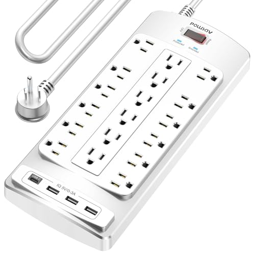 18 Outlets Surge Protector Power Strip - 10 Feet Flat Plug Heavy Duty Extension Cord with 18 Widely Outlets and 4 USB Ports, 2100 Joules, White, ETL Listed - color: White, size: 10 Ft