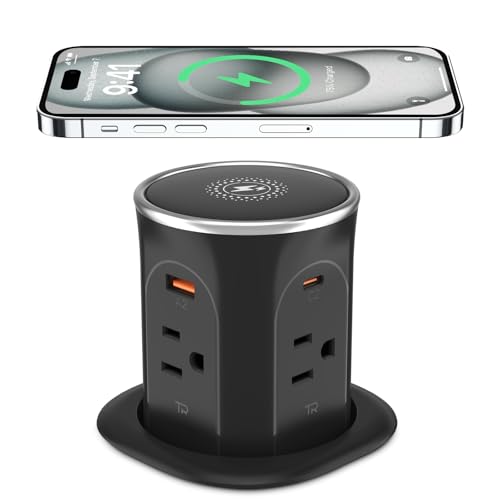 Pop Up Countertop Outlet with 20W USB Charging Station, ETL Listed | 3.15in Hole Desk Power Electrical Outlet with 4 Outlets & 4 USB & 15W Wireless Charger, Flush Mount for Kitchen Countertop - color: Black, size: 20W USB