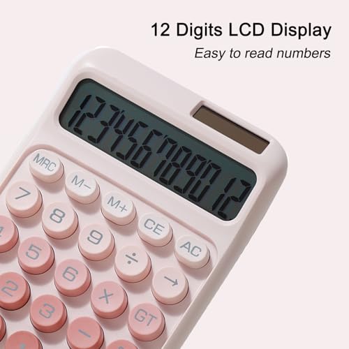 Desk Calculator, Cute 12 Digits Large LCD Display Merchanical Calculator Big Buttons for School,Office,Home,Business, Solar and Battery Dual Power, Battery Include (Pink) - color: Pink
