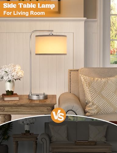 Innqoo Gray Side Table Lamp with USB Port and Outlet, Dimmable Nightstand Bedside Lamps with Linen Lampshade, Desk Lamp for Bedroom, Living Room, Guest Room, Home Office, LED Bulb Included - color: Silver