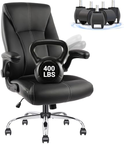 Big and Tall Office Chair for Heavy People, 400LBS High Back Extra Wide Executive PU Leather Office Chair with Flip-Up Armrests, Smooth Caster Wheels, Comfortable Home Office Desk Chair (Black) - color: Black - Rubber Wheels