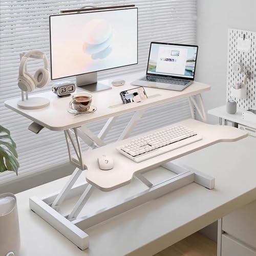 Adjustable Standing Desk Converter with Keyboard Tray, Sit to Stand Riser for Home Office and Computer Use, Supports Up to 30kg - color: White 2, size: 65CM(25.6")