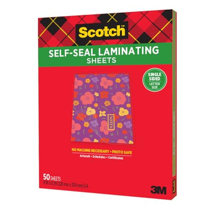 Scotch Self-Seal Laminating Sheets, Letter Size 9 in x 12 in, Single Sided, Pack of 50 - size: 8 1/2" x 11"