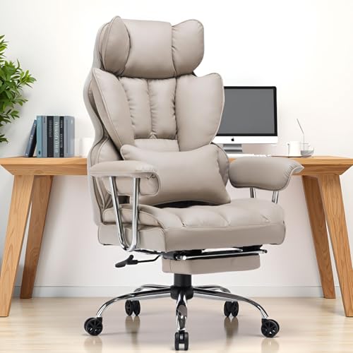 Efomao Big and Tall Office Chair 400lbs PU Leather Executive Office Chair with Lumbar Support & Leg Rest, Heavy-Duty Computer Chair for Home Office, Grey - color: Grey