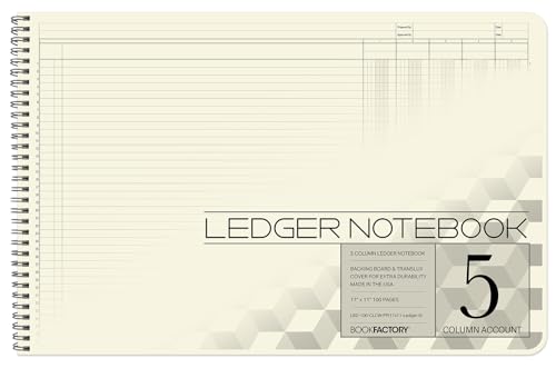 5 Column Accounting Ledger Book, Wire-O, 100 Pages | Large Columnar Log Book, Landscape Format, 17'' x 11'' - Made in USA - size: 5 Column, style: Wire-O